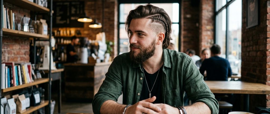 homme moderne avec coupe viking undercut et tresses latérales