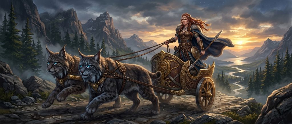 Freya déesse viking de l'amour et de la guerre sur char tiré par chats