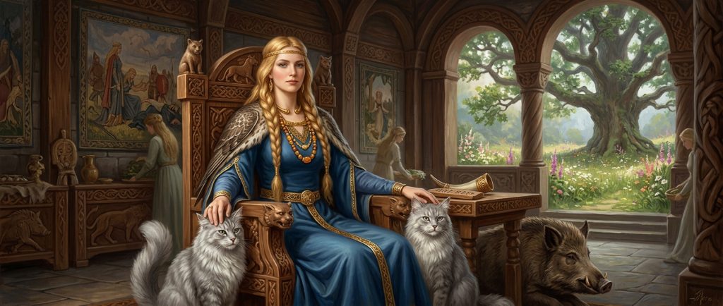Freya déesse nordique assise dans son palais Folkvangr