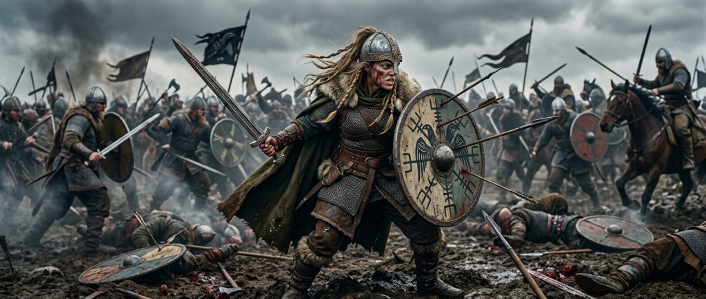 Freya guerrière viking avec épée et bouclier sur champ de bataille