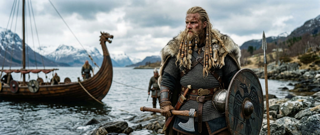 guerrier viking aux longues tresses ornées avec perles en bois
