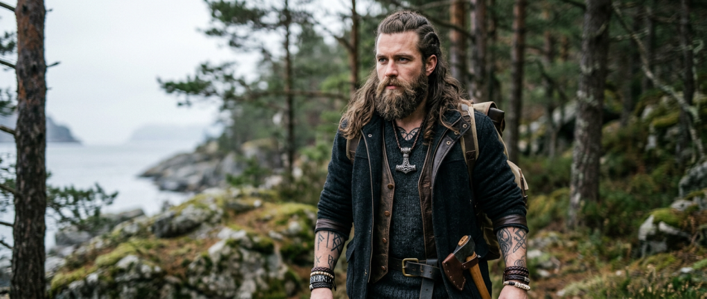 homme barbu style viking moderne avec accessoires et coupe complète