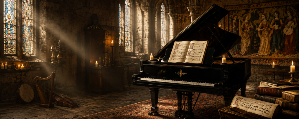 La musique médiévale au piano : faire revivre les mélodies du Moyen Âge sur un instrument qui n’existait pas encore
