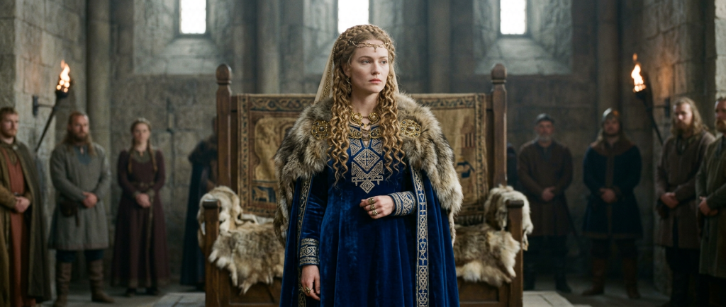 Judith princesse anglo-saxonne de la série Vikings en robe royale