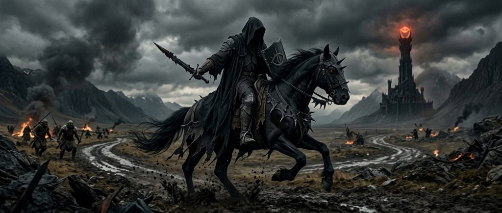 Nazgul cavalier noir du Seigneur des Anneaux sur cheval sombre