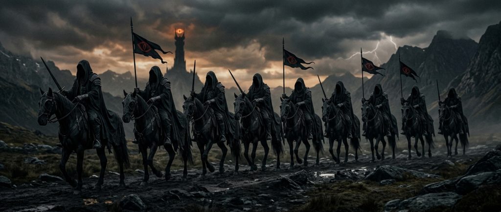 les neuf Nazgul cavaliers noirs alignés en formation menaçante