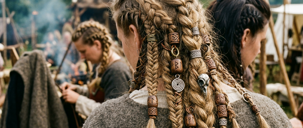 perles vikings en bois et anneaux métalliques dans des tresses décorées