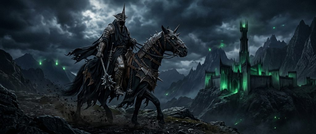 Roi-Sorcier d'Angmar chef des Nazgul sur cheval noir