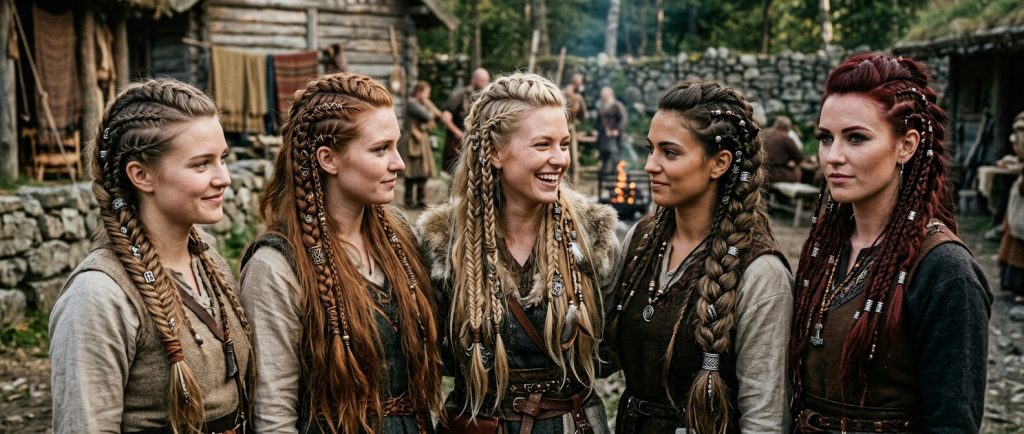 différents styles de tresses vikings sur cheveux longs et décorés