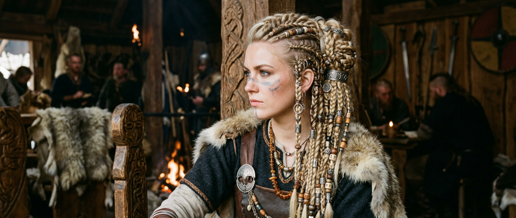 tresses vikings complexes sur cheveux blonds avec perles et anneaux