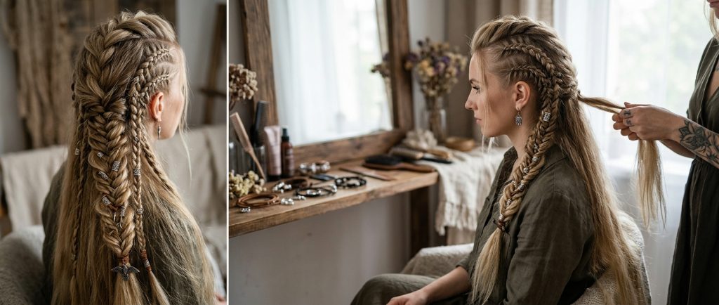 tutoriel moderne de tresse viking cheveux longs avec accessoires