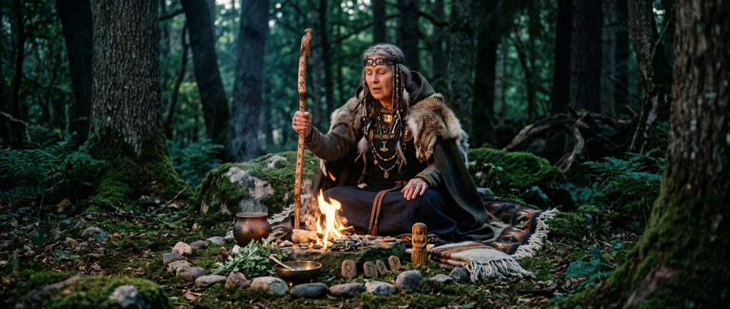 völva viking pratiquant le seidr magie de Freya dans une clairière