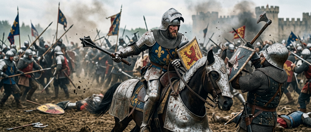 chevalier médiéval armé d'une masse d'arme au combat