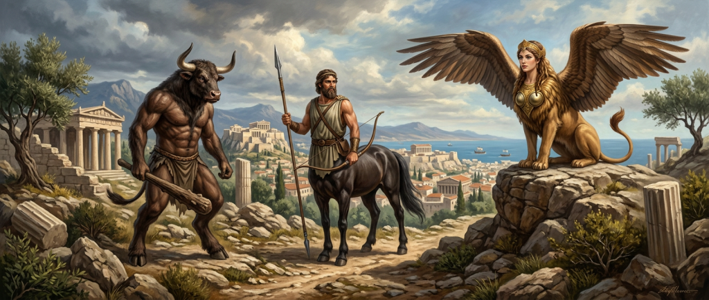 créatures hybrides mythologie grecque minotaure centaure sphinx