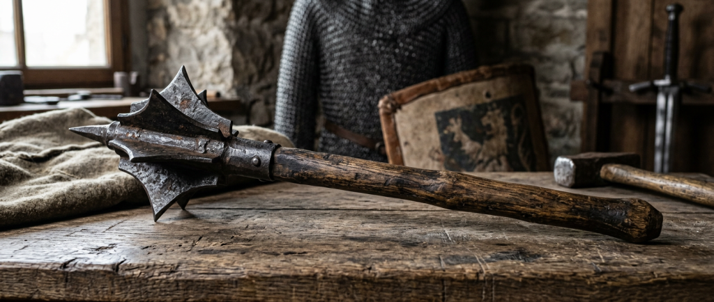 masse d'arme médiévale avec tête en fer et manche en bois ancien