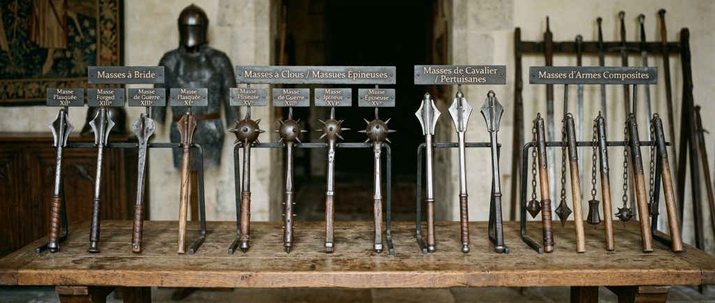 différentes masses d'armes médiévales alignées par type