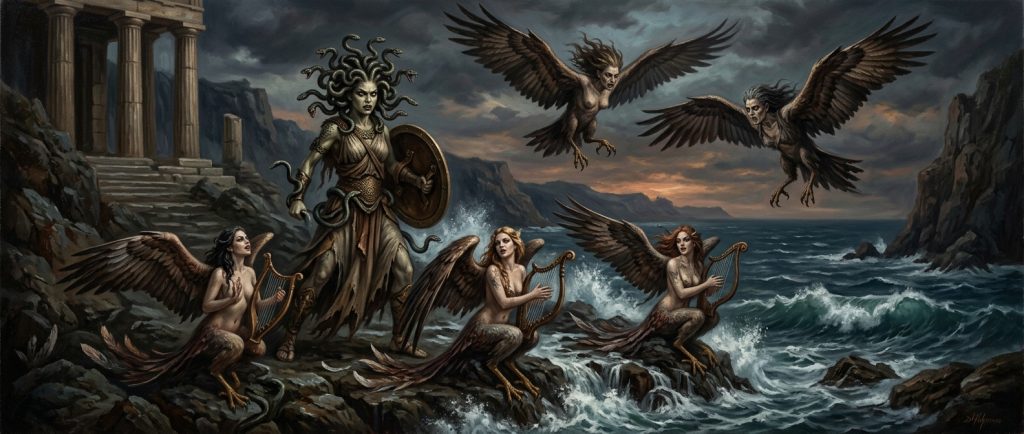 Méduse gorgone sirènes harpies créatures féminines mythologie grecque