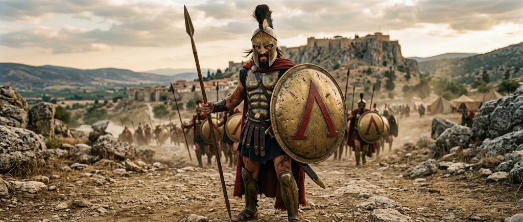 guerrier spartiate authentique avec lambda sur bouclier