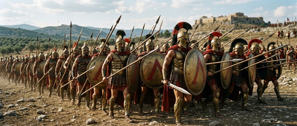 Les Spartiates guerriers grecs en armure et lance hoplitique