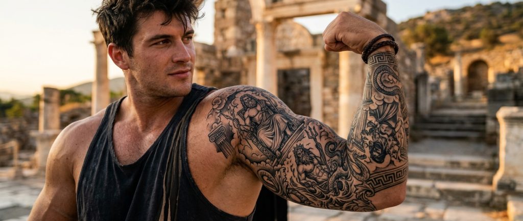 tatouage mythologie grecque dieu antique sur bras musclé