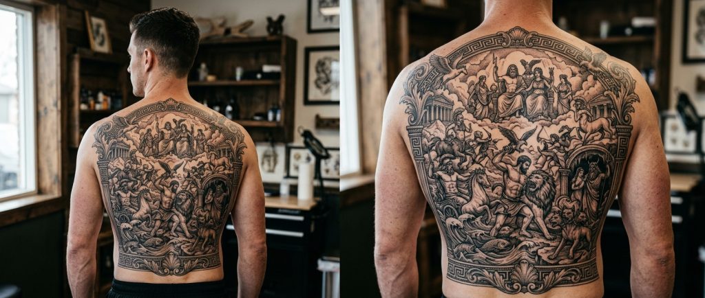 tatouage mythologie grecque dos complet style classique