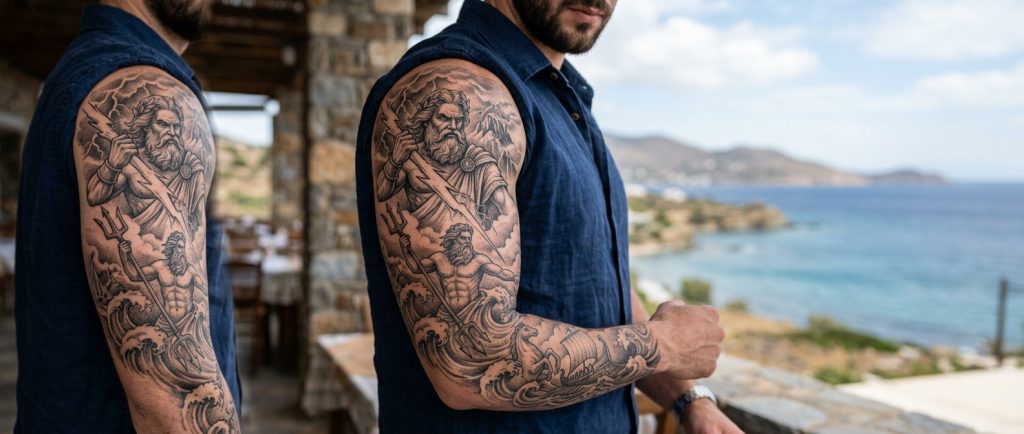 tatouage Zeus Poséidon dieux grecs mythologie sur bras