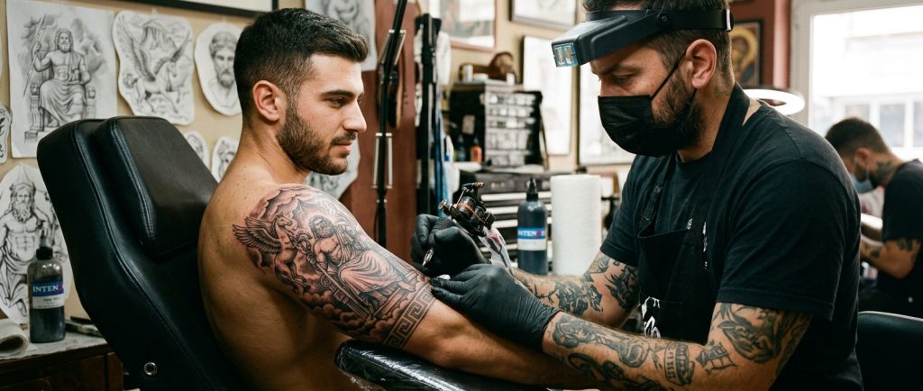tatoueur professionnel travaillant tatouage mythologie grecque sur bras client