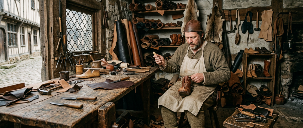 atelier de cordonnier médiéval avec outils et cuir en préparation