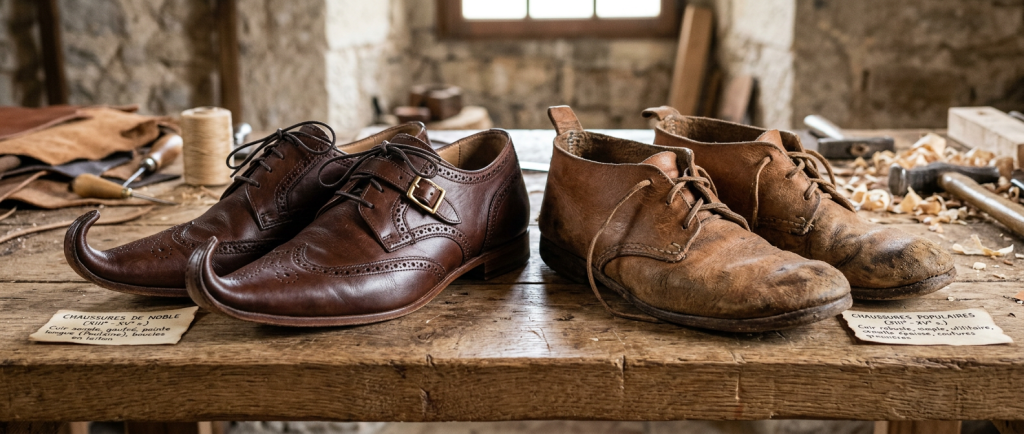 comparaison entre chaussures médiévales nobles et populaires en cuir