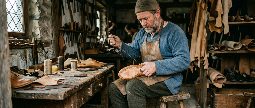 cordonnier médiéval fabriquant un turnshoe à la main avec aiguille et fil