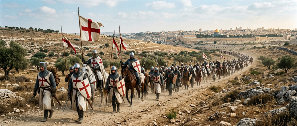 chevaliers croisés médiévaux marchant vers Jérusalem en Terre Sainte