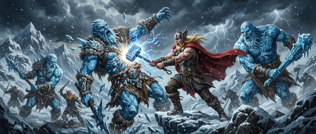 Thor combattant les géants de glace dans la mythologie viking