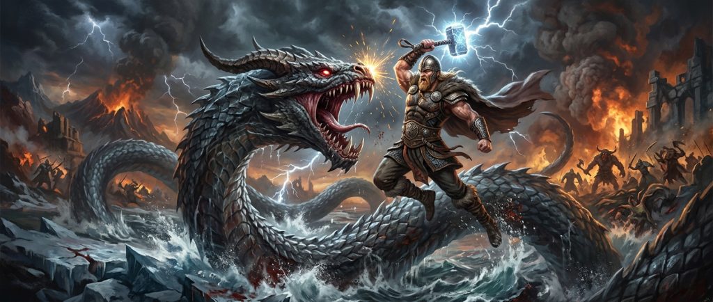 Thor affrontant le serpent Jormungandr lors du Ragnarok viking