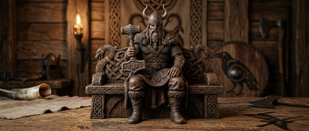 statuette viking de Thor assis tenant son marteau Mjöllnir