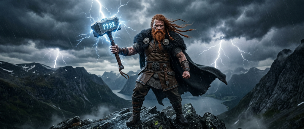 Thor dieu viking du tonnerre avec Mjöllnir et barbe rousse
