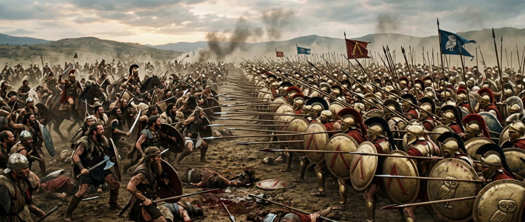 bataille antique avec phalange hoplite affrontant armée ennemie