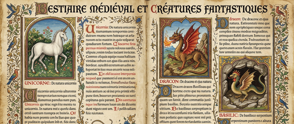 bestiaire médiéval avec créatures fantastiques licorne dragon basilic