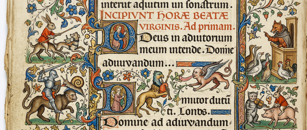drôleries médiévales dans marges de manuscrits enluminés