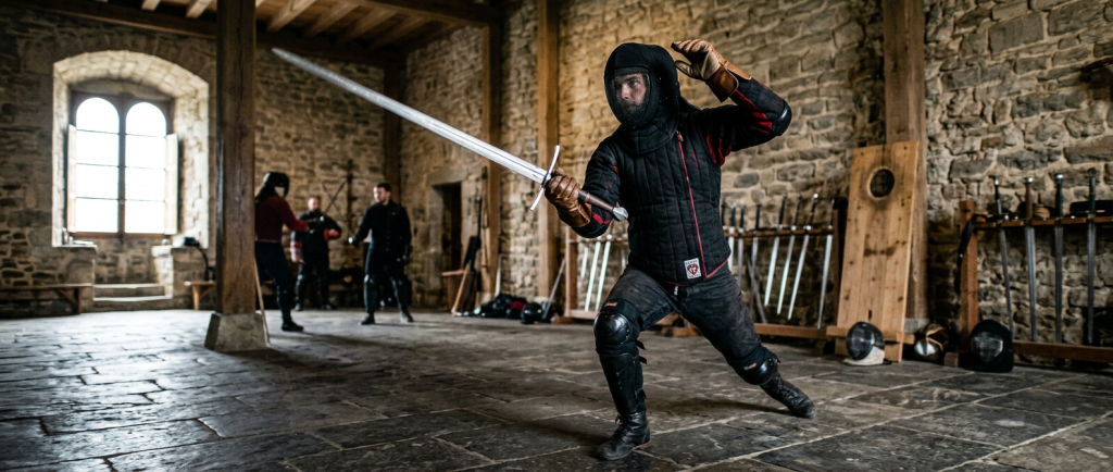 combattant médiéval s'entraînant à l'épée bâtarde technique HEMA