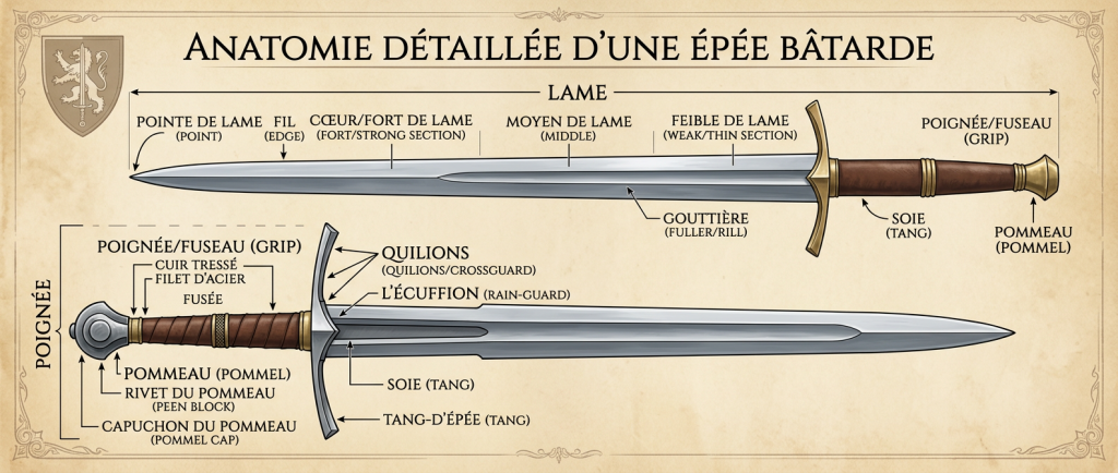 anatomie détaillée épée bâtarde lame poignée pommeau quillons