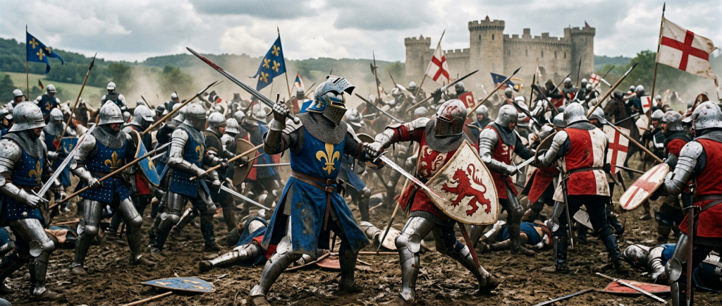 bataille médiévale chevaliers utilisant épées bâtardes au combat