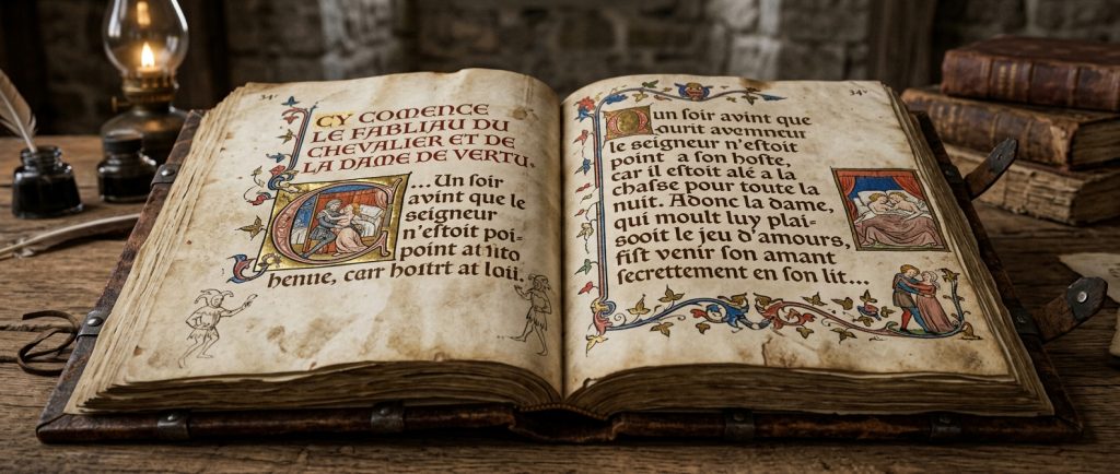 livre médiéval ouvert avec texte de fabliau érotique français
