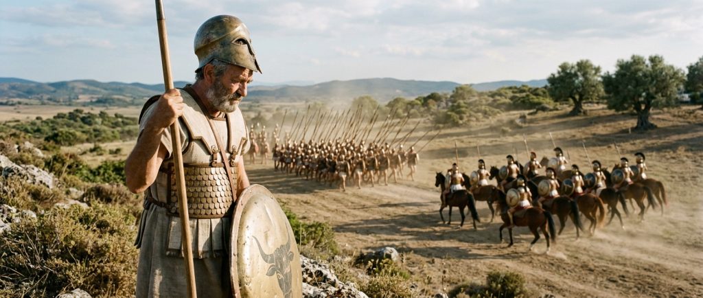 hoplite âgé regardant évoluer armées nouvelles de cavalerie et phalanges