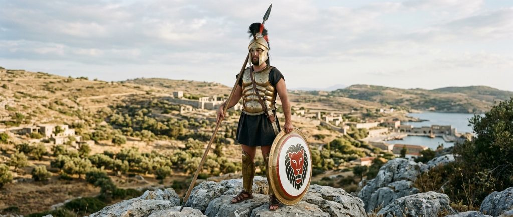 hoplite grec en armure de bronze avec bouclier rond et lance