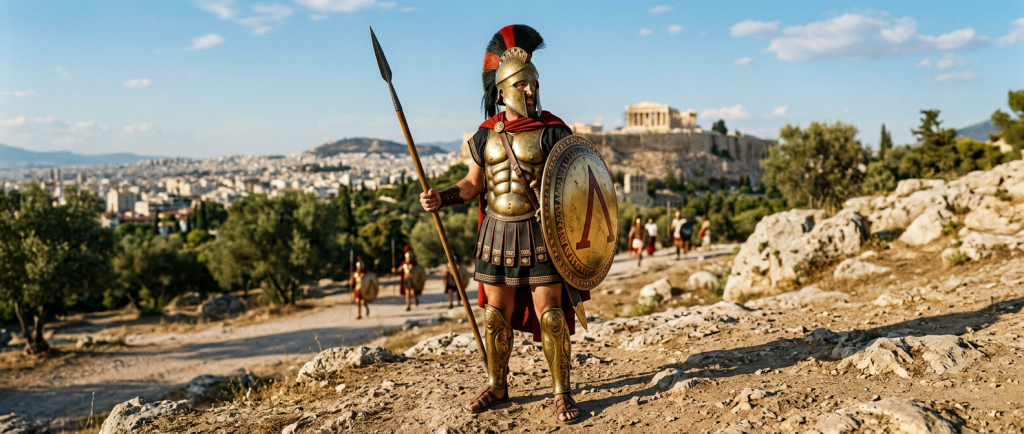 hoplite grec antique citoyen-soldat en tenue militaire traditionnelle