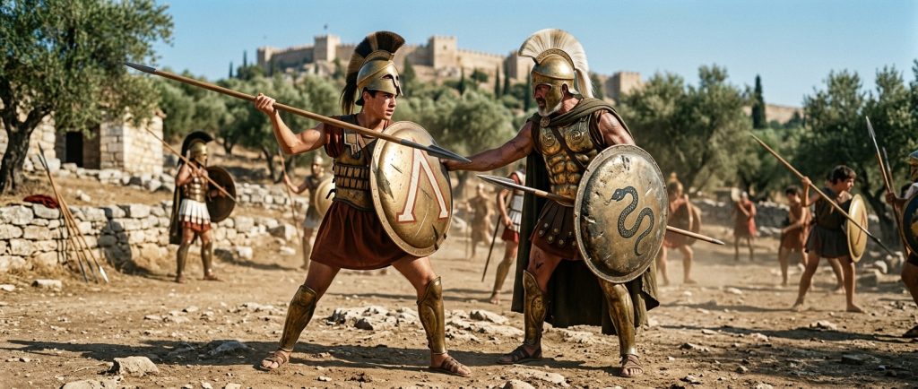jeune citoyen grec s'entraînant comme hoplite avec son père