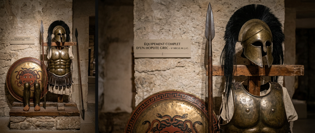 équipement complet d'un hoplite grec bouclier cuirasse casque et lance