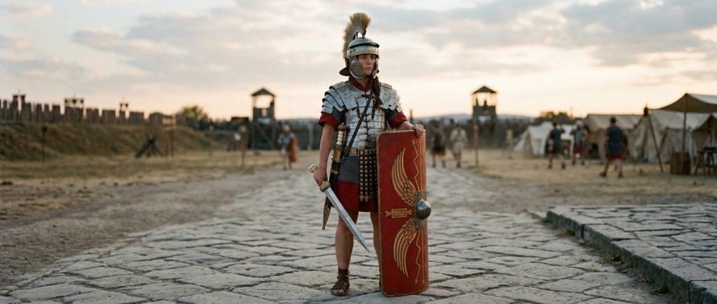 légionnaire romaine en armure lorica segmentata avec gladius et scutum