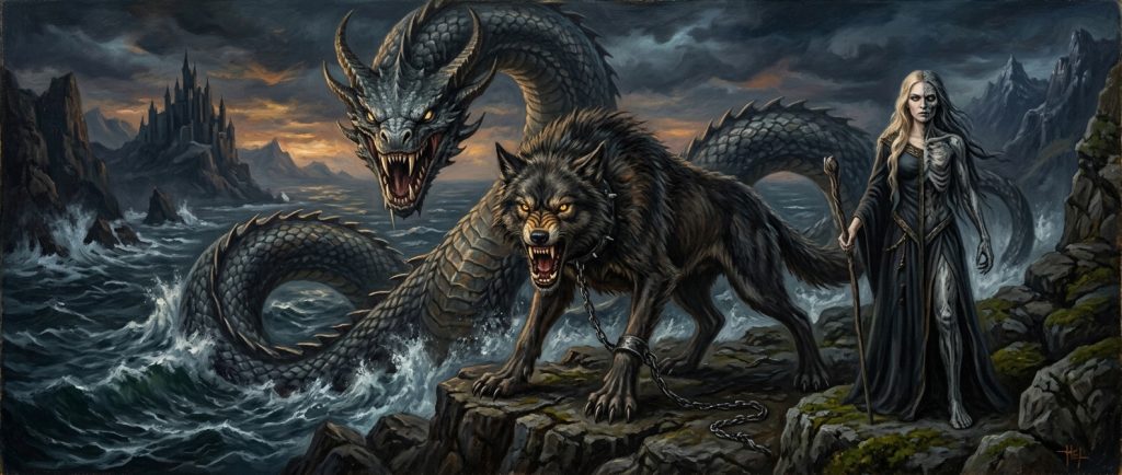 les trois enfants monstrueux de Loki Fenrir Jormungandr et Hel