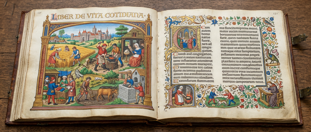 manuscrit médiéval enluminé avec scènes de vie quotidienne